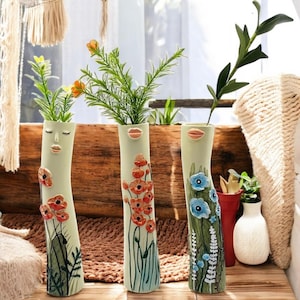 Jarrones de cerámica para la familia / Jarrones decorativos / Jarrones de cerámica hechos a mano con forma de cara para flores secas / Decoración del hogar bohemia y regalo para amantes del jardín