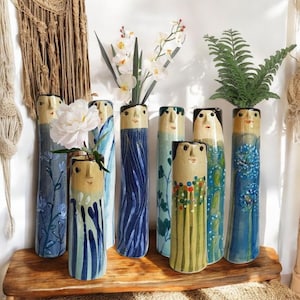 Familie Keramik Knospe Vasen | Keramik Vasen für Trockenblumen | Handgefertigte Steinzeug-Gesichtsvasen | Gartenliebhaber Geschenkidee | Boho Wohndekor