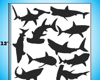 Shark Decals Sheet - 10 Hai Silhouette Aufkleber