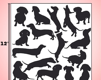 Hoja completa de calcomanías de Dachshund: 16 pegatinas de silueta de perro salchicha
