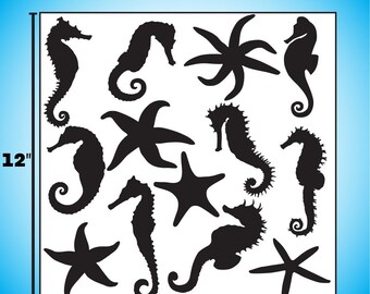 Seahorse Decals Full Sheet- 13 Seahorse and Starfish Ocean Silhouette Stickers