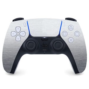 May include: A silver PlayStation 5 DualSense wireless controller with black buttons and a brushed metal finish.