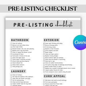 May include: A pre-listing checklist with headings for Bathroom, Laundry, Exterior, and Curb Appeal. The checklist includes tasks like cleaning surfaces, repairing grout, and power washing the driveway. The Canva logo is in the bottom right.