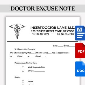 Excusa médica, excusa médica editable para el trabajo, plantilla imprimible, excusa médica, plantillas de Word, PDF y Canva