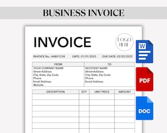 May include: A business invoice template with the word "INVOICE" in large, bold letters. The template includes fields for company and recipient information, with a section for item descriptions, quantities, and prices. Icons for Word, PDF, and DOC files are on the right.