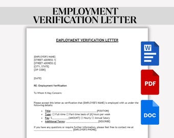 May include: A white Employment Verification Letter template with the title at the top. The letter includes fields for the employer's name, address, and employee details. Icons for Word, PDF, and DOC files are on the right.