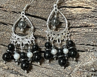 Black Onyx Pearl in Sterling Silver Dangle Earrings RF205