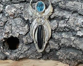 Black Onyx with Blue Topaz sterling silver pendant RF122