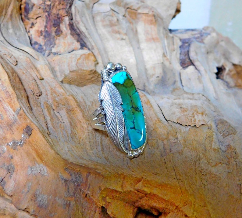 Coffee Stain Natural Turquoise Feather Ring RF939 image 1