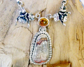Lace Agate Citrine in sterling silver with flowers necklace RF706