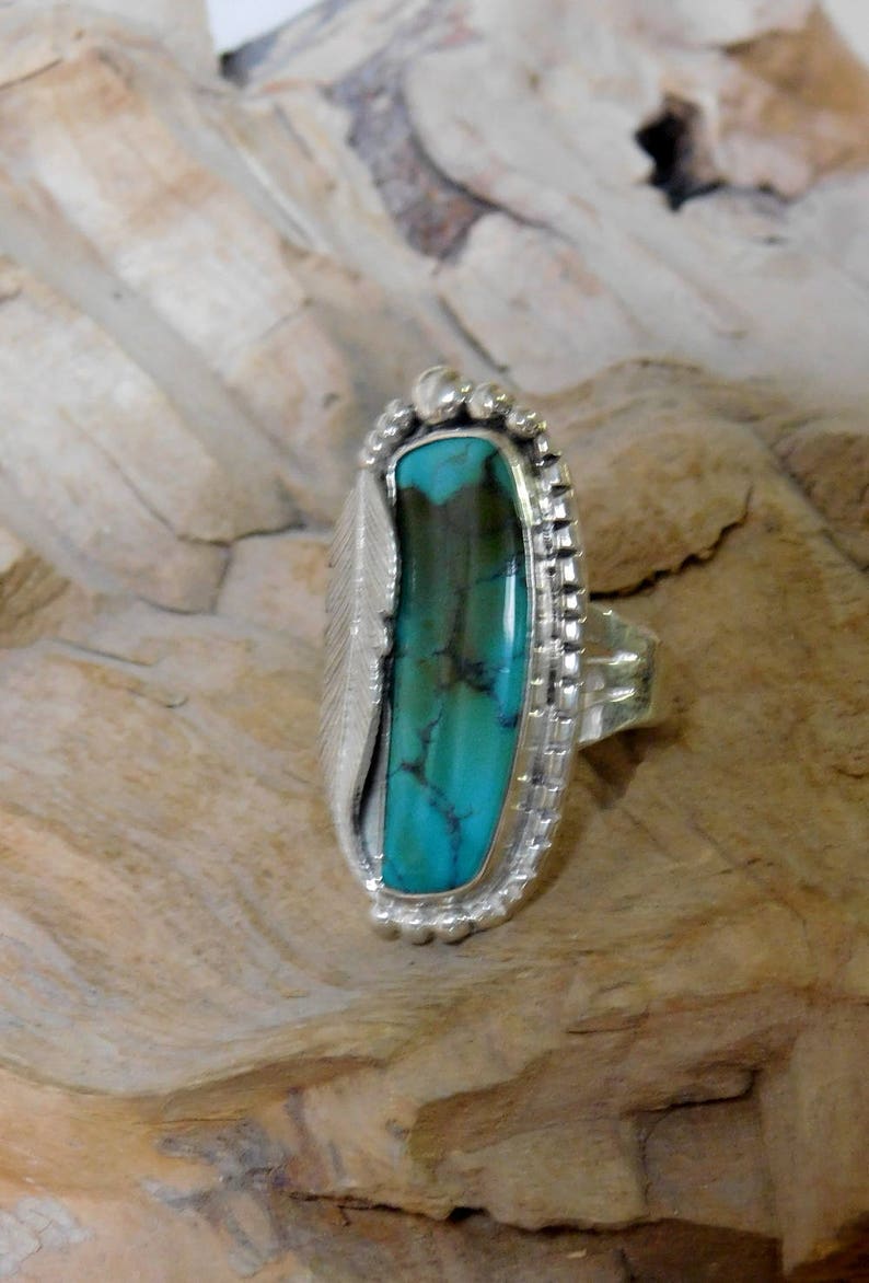 Coffee Stain Natural Turquoise Feather Ring RF939 image 6