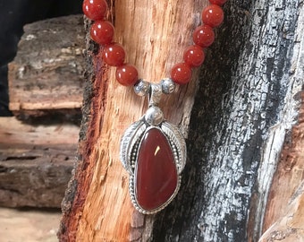 Red Agate, Carnelian and Sterling Silver Necklace RF027