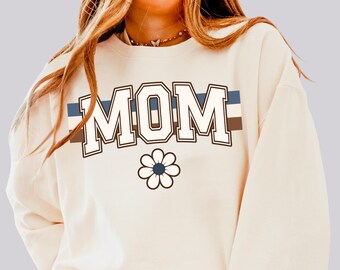Retro Mom Comfort Colors Sweatshirt, Vintage Motherhood Crewneck, Brown and Blue Collegiate Mama Sweater