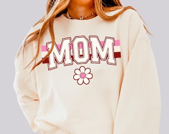 Retro Mom Comfort Colors Sweatshirt, Vintage Motherhood Crewneck, Pink Collegiate Mama Sweater