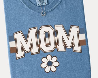Retro Mom Comfort Colors Shirt, Vintage Motherhood Tee, Blue And Brown Collegiate Mama T-Shirt