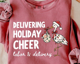 Labor and Delivery Christmas Sweatshirt, Comfort Colors L&D Nurse Holiday Crewneck, Santa Stork Sweater