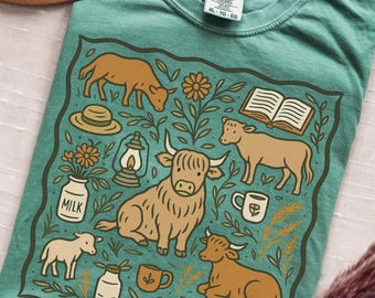 Comfort Colors Highland Cow Shirt For Women, Cottagecore Farm Animal T-Shirt For Homestead Mama, Western Boho Graphic Tee For Her