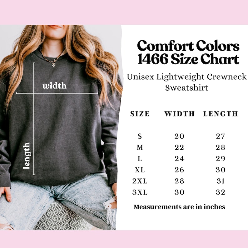May include: A dark gray unisex lightweight crewneck sweatshirt. The image includes a size chart with measurements in inches for sizes S to 3XL. The chart shows the width and length of the sweatshirts.