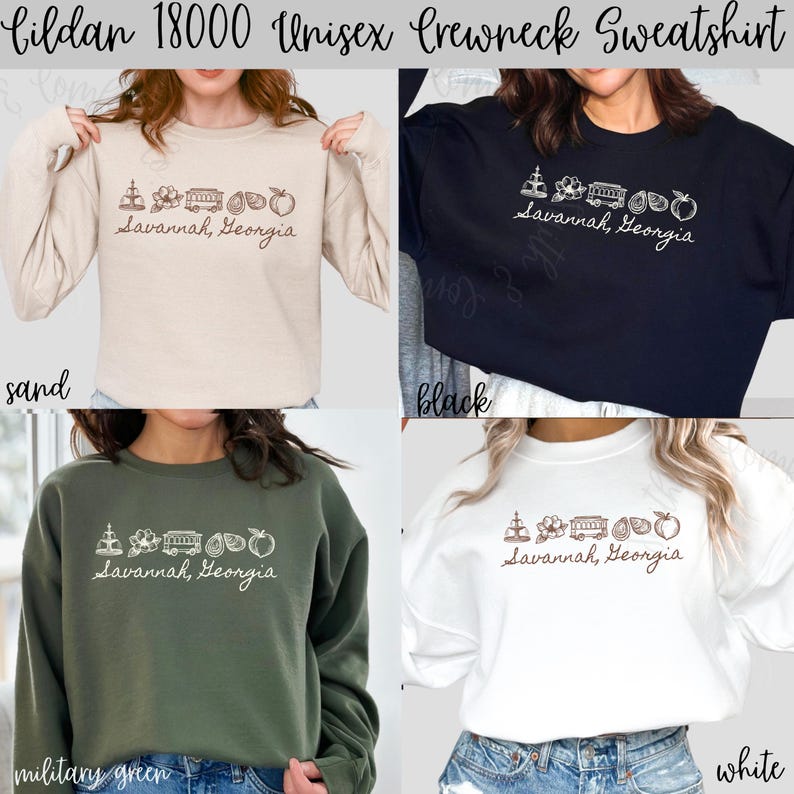 Puede incluir: Cuatro sudaderas unisex Gildan 18000 en arena, negro, verde militar y blanco. Cada sudadera presenta un gr&aacute;fico blanco con una fuente, flores, un tren, un melocot&oacute;n y el texto "Savannah, Georgia".