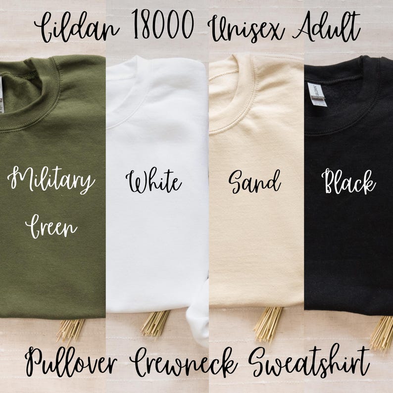 gildan 18000 unisex adult sweatshirt color guide: military green, white, sand, black