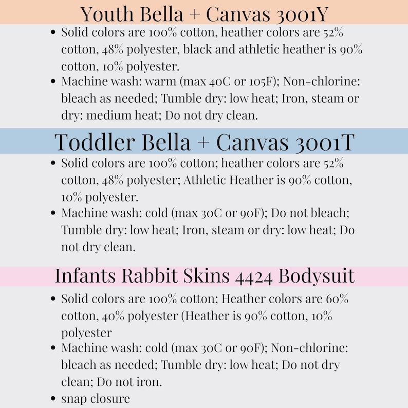 以下が含まれることがあります： Youth Bella + Canvas 3001Y、Toddler Bella + Canvas 3001T、Infants Rabbit Skins 4424 Bodysuitのテキスト。各製品の生地組成の詳細と洗濯表示が含まれています。画像は明るい背景にあります。
