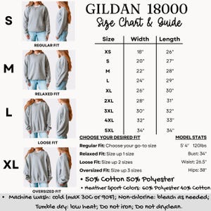 May include: A size chart and guide for Gildan 18000 sweatshirts. The chart includes sizes XS to 5XL, with measurements in inches for width and length. The image also shows how the sweatshirts fit: regular, relaxed, loose, and oversized.