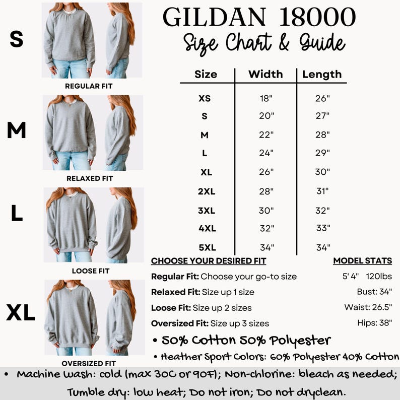 May include: A size chart and guide for Gildan 18000 sweatshirts. The chart includes sizes XS to 5XL, with measurements in inches for width and length. The image also shows how the sweatshirts fit: regular, relaxed, loose, and oversized.