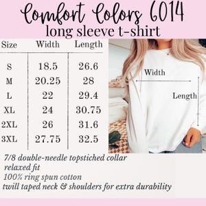 May include: White long-sleeve t-shirt with size chart. The chart shows measurements for sizes S to 3XL, including width and length in inches. The shirt features a 7/8 double-needle topstitched collar, relaxed fit, and is made of 100% ring spun cotton.