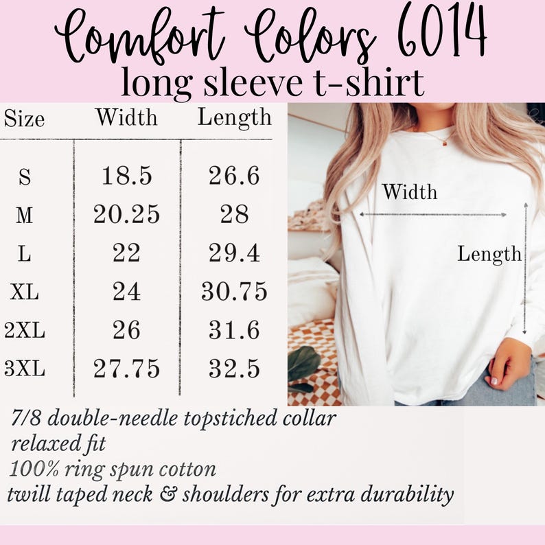 May include: White long-sleeve t-shirt with size chart. The chart shows measurements for sizes S to 3XL, including width and length in inches. The shirt features a 7/8 double-needle topstitched collar, relaxed fit, and is made of 100% ring spun cotton.
