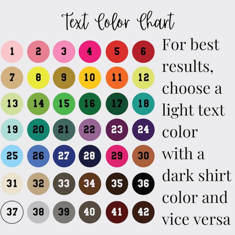 Op de afbeelding: Een tekstkleurenkaart met twee&euml;nveertig genummerde cirkels in verschillende kleuren, gerangschikt in een raster. De tekst luidt: Text color chart. For best results, choose a light text color with a dark shirt color and vice versa. De cijfers zijn zwart of wit.