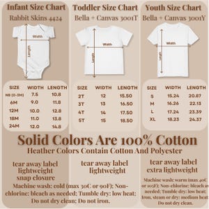 size charts for infant rabbit skins bodysuits, bella and canvas toddler shirts, and bella and canvas youth t shirts