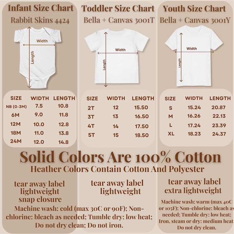 size charts for infant rabbit skins bodysuits, bella and canvas toddler shirts, and bella and canvas youth t shirts