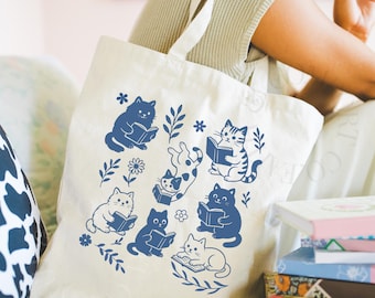 Bookish Cats Tote Bag, Cat Lover Gift, Reading Cat Canvas Bag, Librarian Gift, Book Club Tote, Cozy Cottagecore Book Bag, Teacher Gift