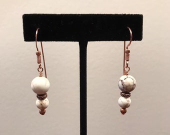 Artisan Earrings with White Gemstone & Copper Accents