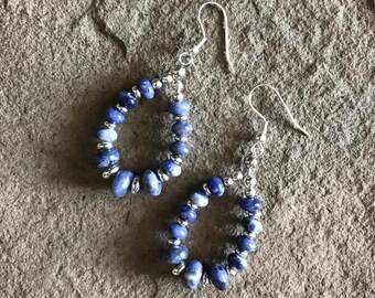 Artisan Sodalite & Silvertone Tear Drop Shape Earrings on French Wires