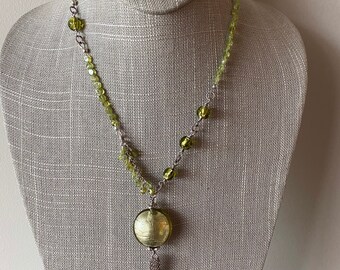 Artisan Necklace - 17 1/4” to 18 1/4” Featuring Wire Wrapped Peridot & Lamp-work Glass Beads on Silver Plated Chain