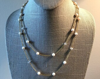 Necklace - Wire Wrapped with Freshwater Pearls, Swarovski Crystals & Gold Plated Chain