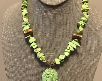 Artisan Green Apple color Gemstone Necklace with Carved Pendant