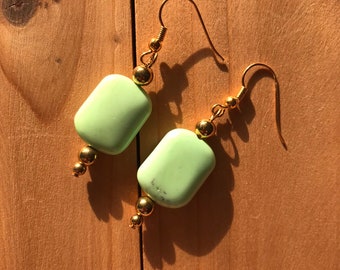 2” Artisan Earrings - Featuring Apple Green Gemstone Beads - Gold Plated Beads & French Wires