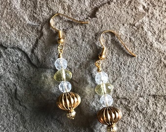 2” Artisan Earrings - Featuring Faceted Citrine and Rock Crystal Quartz with Goldtone Accents & French Wires
