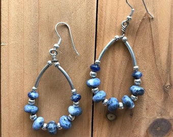Artisan Sodalite & Silvertone Teardrop Style Earrings on French Wires