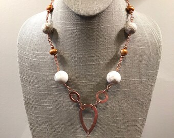 Artisan Wire Wrapped Necklace with Copper Accents, White Gemstone Beads & Freshwater Pearls