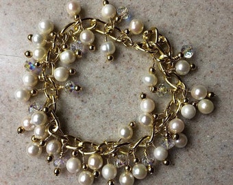 Bracelet Wire Wrapped Freshwater Pearls & Swarovski Aurora Borealis Crystal Beads