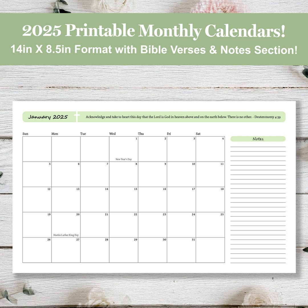 2025 PRINTABLE PDF Calendar Set, 12 Bible Verse Calendars, US Holidays ...