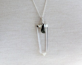 Crystal Quartz Obelisk Point with Raw Moldavite Silver Pendant Necklace, Natural Rough Moldavite Gemstone Pendant Gift, CHOOSE your PENDANT