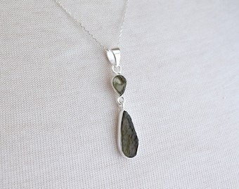 Teardrop Raw Moldavite Sterling Silver Cable Chain Necklace, Natural Rough Moldavite Gemstone Pendant Gift