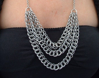 Multi Strand Half Persian Silver Aluminum Chainmaille Necklace, Silver Chainmail Bib Necklace