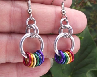 Rainbow Pride Chainmail Earrings, Chainmaille Jewelry, LGBT+ Trans ACE Poly Bisexual or Non Binary Gay Pride Jewelry