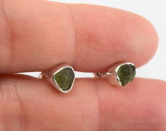 Raw Moldavite Stud Bezel Earrings, Sterling Silver Rough Moldavite Gemstone Minimalist Jewelry