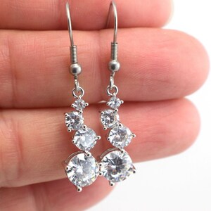 Silver Graduated Cubic Zirconia Drop Earrings, Silver Clear CZ Earrings, Wedding Bride Bridesmaid Gift for Her